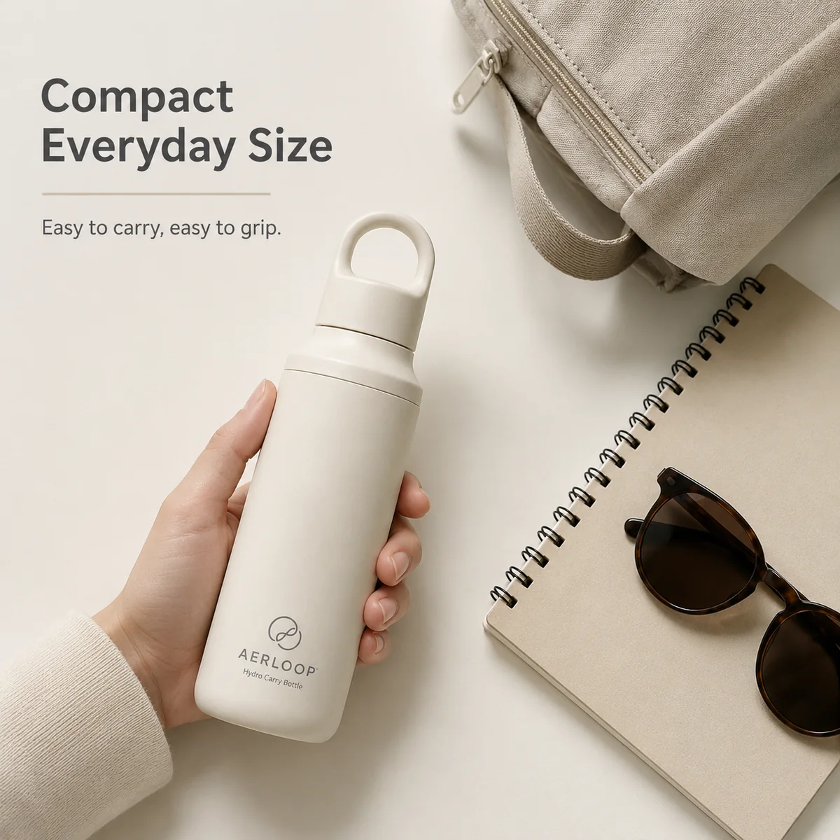 Amazon 尺度参考图中手持 AERLOOP Hydro Carry Bottle
