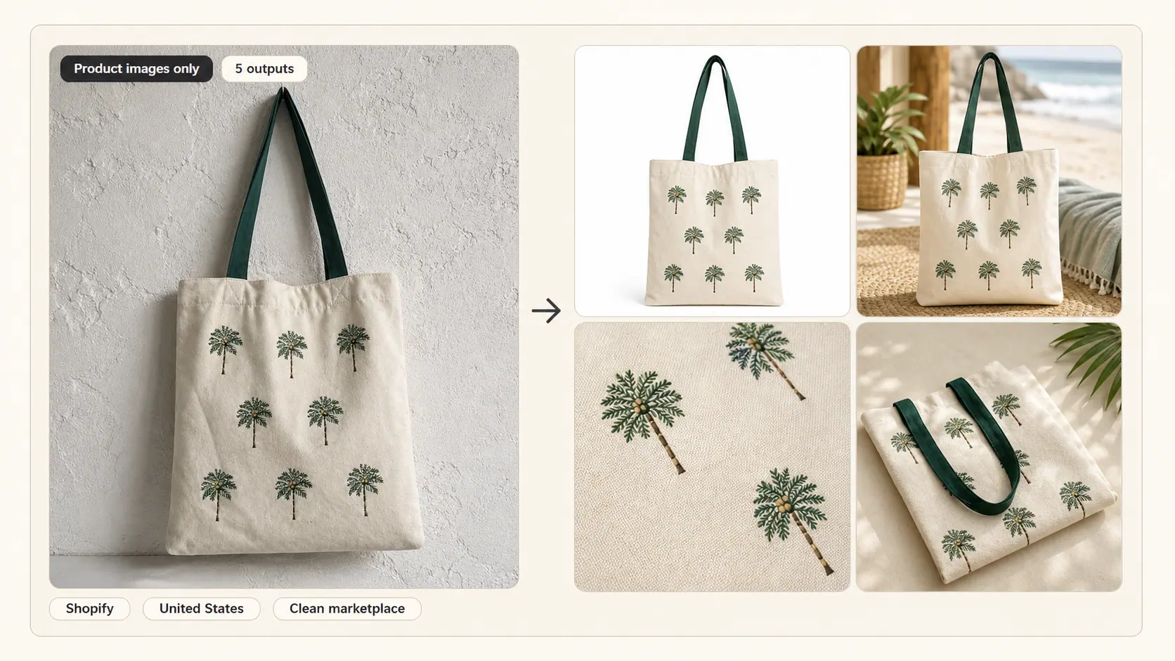 Ecommerce image set example for Embroidered palm canvas tote product images only