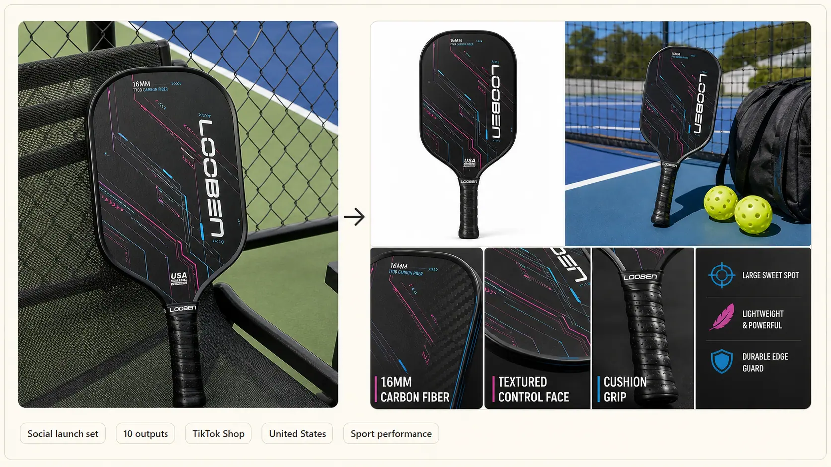 Ecommerce image set example for Carbon pickleball paddle full launch set