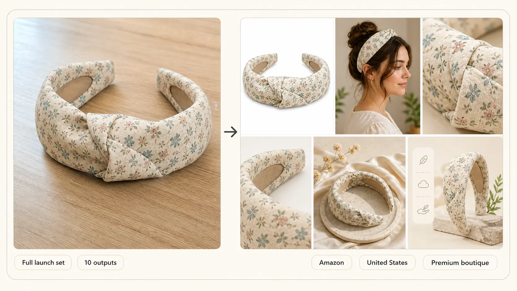 Ecommerce image set example for Floral knotted headband full launch set