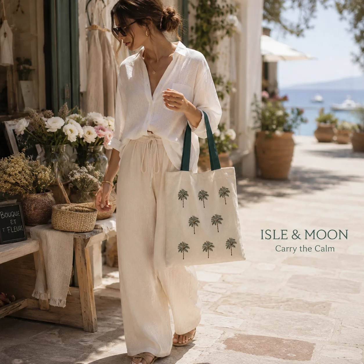 Square Shopify lifestyle gallery image of an embroidered palm canvas tote near a beach setting