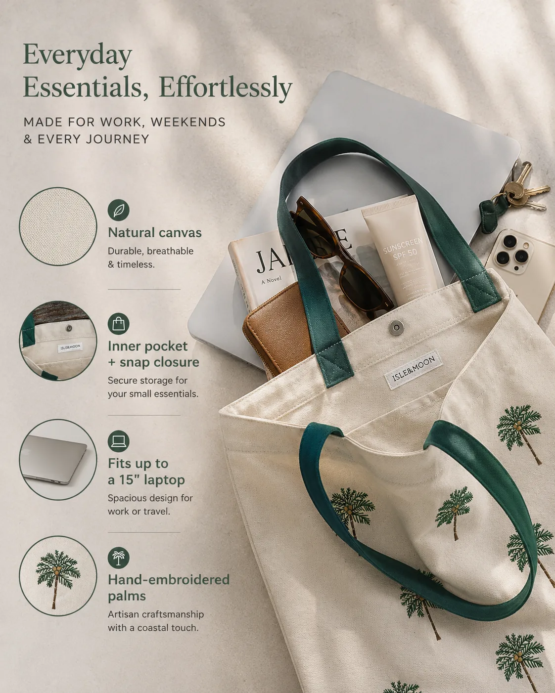 Portrait Shopify material and function module for an embroidered palm canvas tote