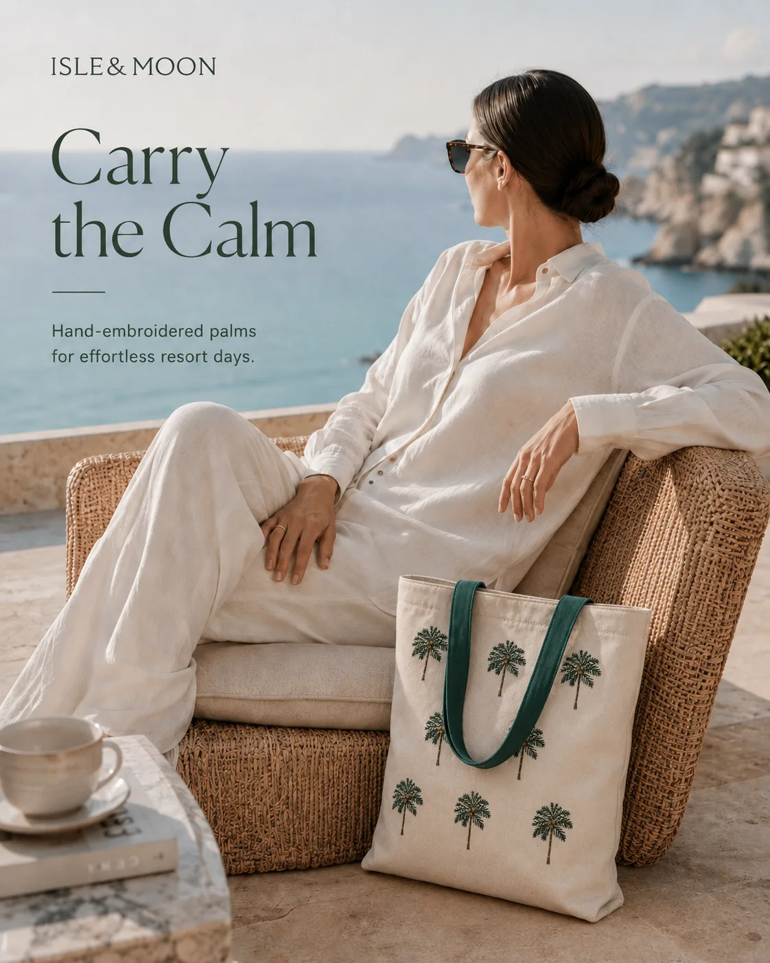 Portrait Shopify product-page hero module for an embroidered palm canvas tote
