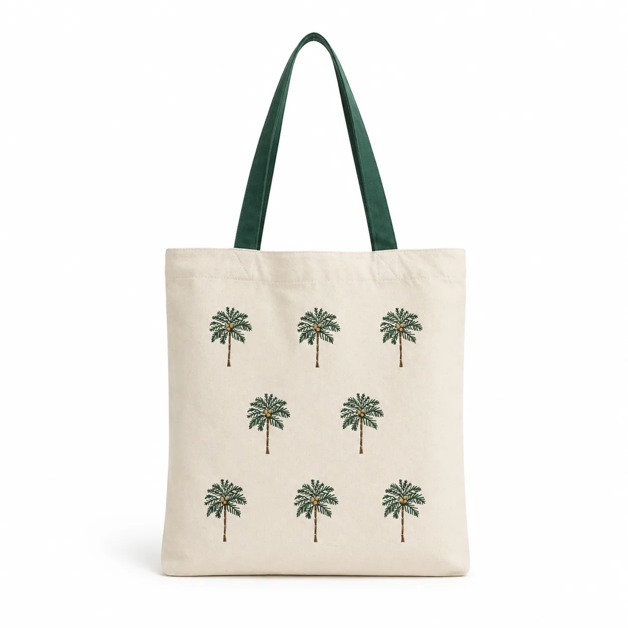 Square Shopify product gallery image of an embroidered palm canvas tote on a white background